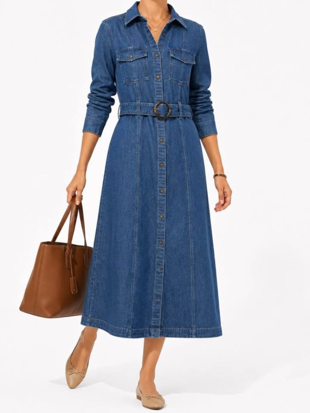 Land's End Denim Button Down Classic American Hertiage Midi Shirt Dress [size S]